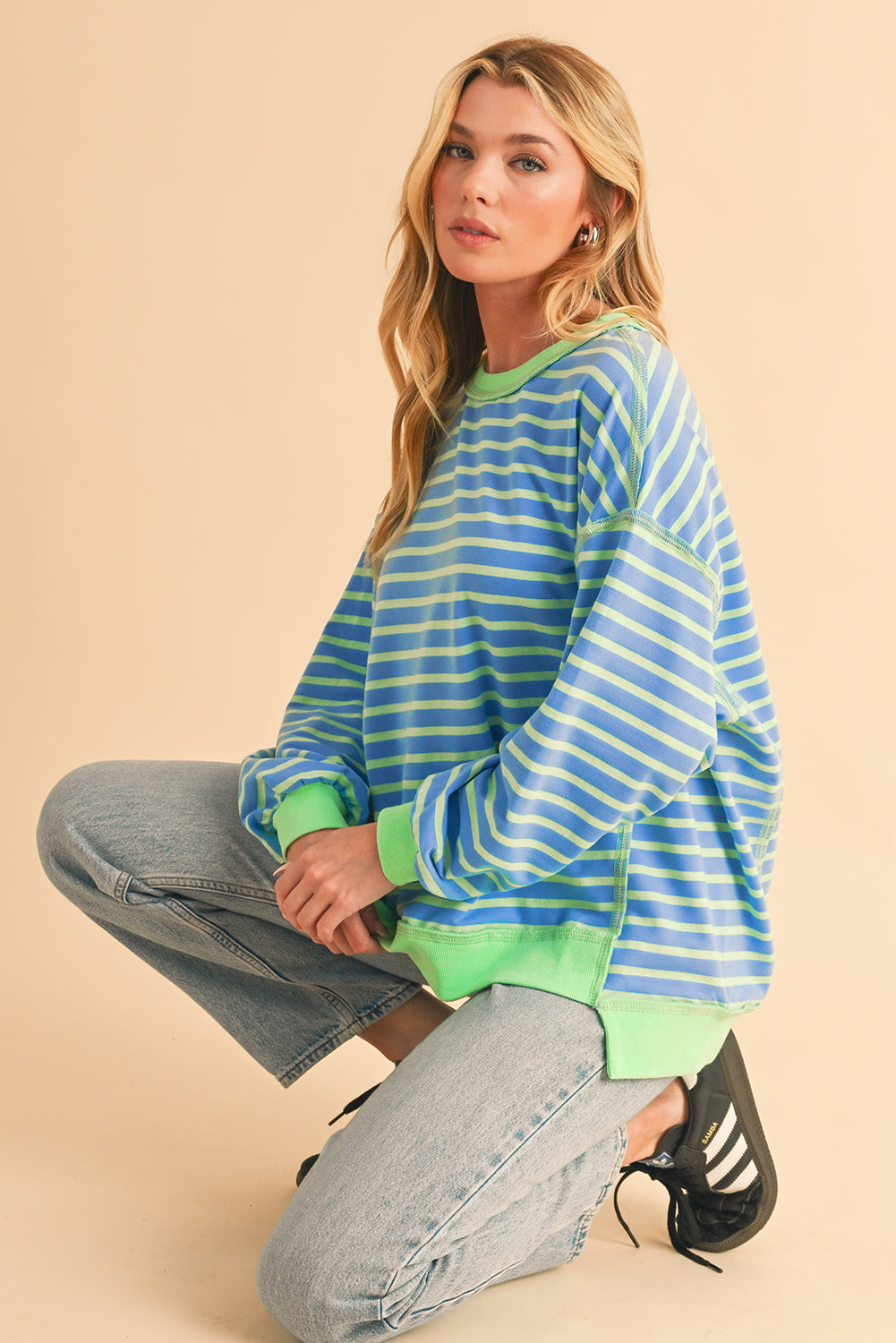 Pink Stripe Contrast Trim High Low Tunic Sweatshirt-True and Wild