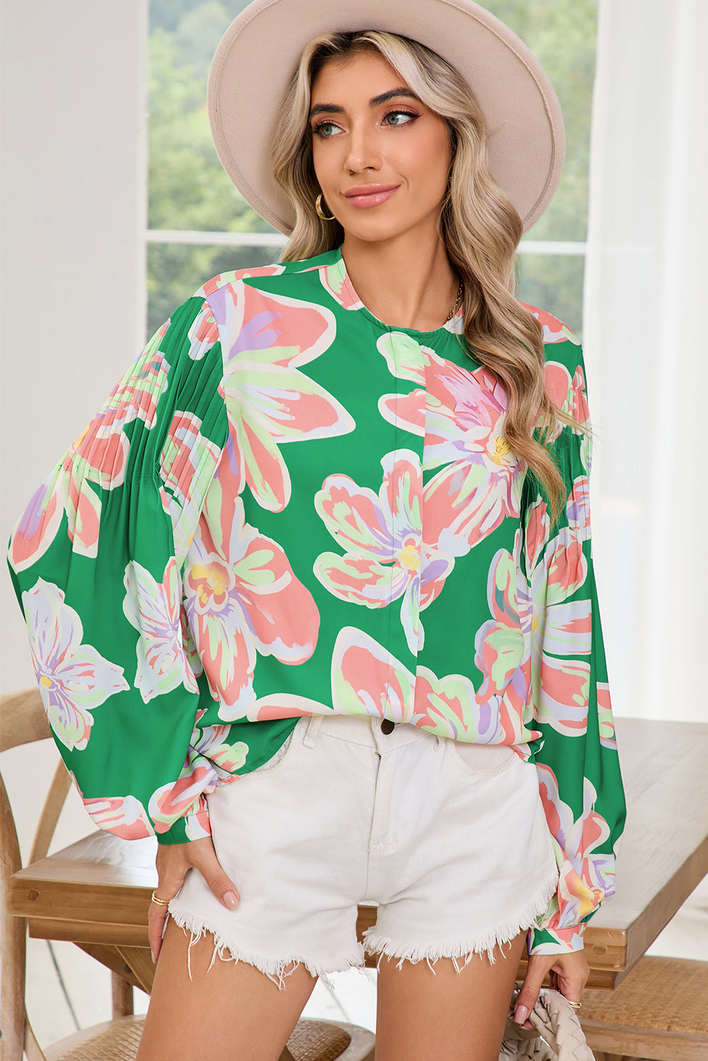 Green Floral Pleated Puff Sleeve Blouse-True and Wild