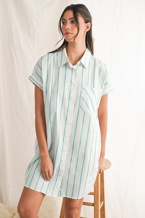 Mint Green Striped Pocket Short Sleeve Mini Dress-True and Wild