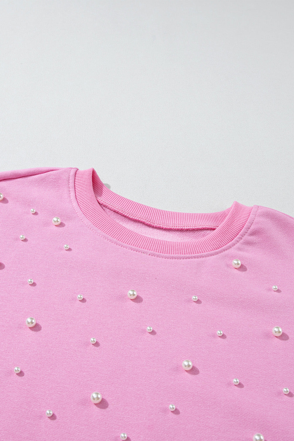 Pink Pearl Decor Ribbed Contrast Round Neck Sweatshirt-True and Wild