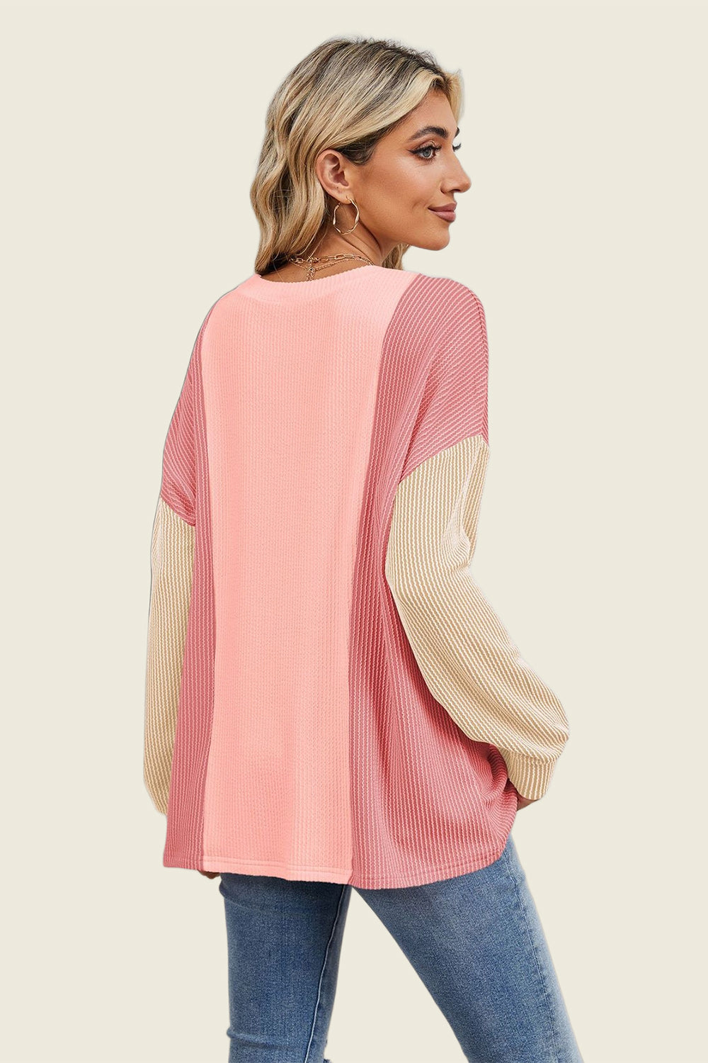 Double Take Texture Contrast Round Neck Long Sleeve T-Shirt-True and Wild