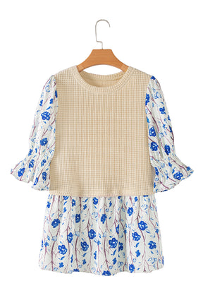 Beige Waffle Floral Patchwork Peplum Blouse