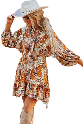 Orange Boho Floral Puff Sleeve Smocked Waist Mini Shirt Dress-True and Wild