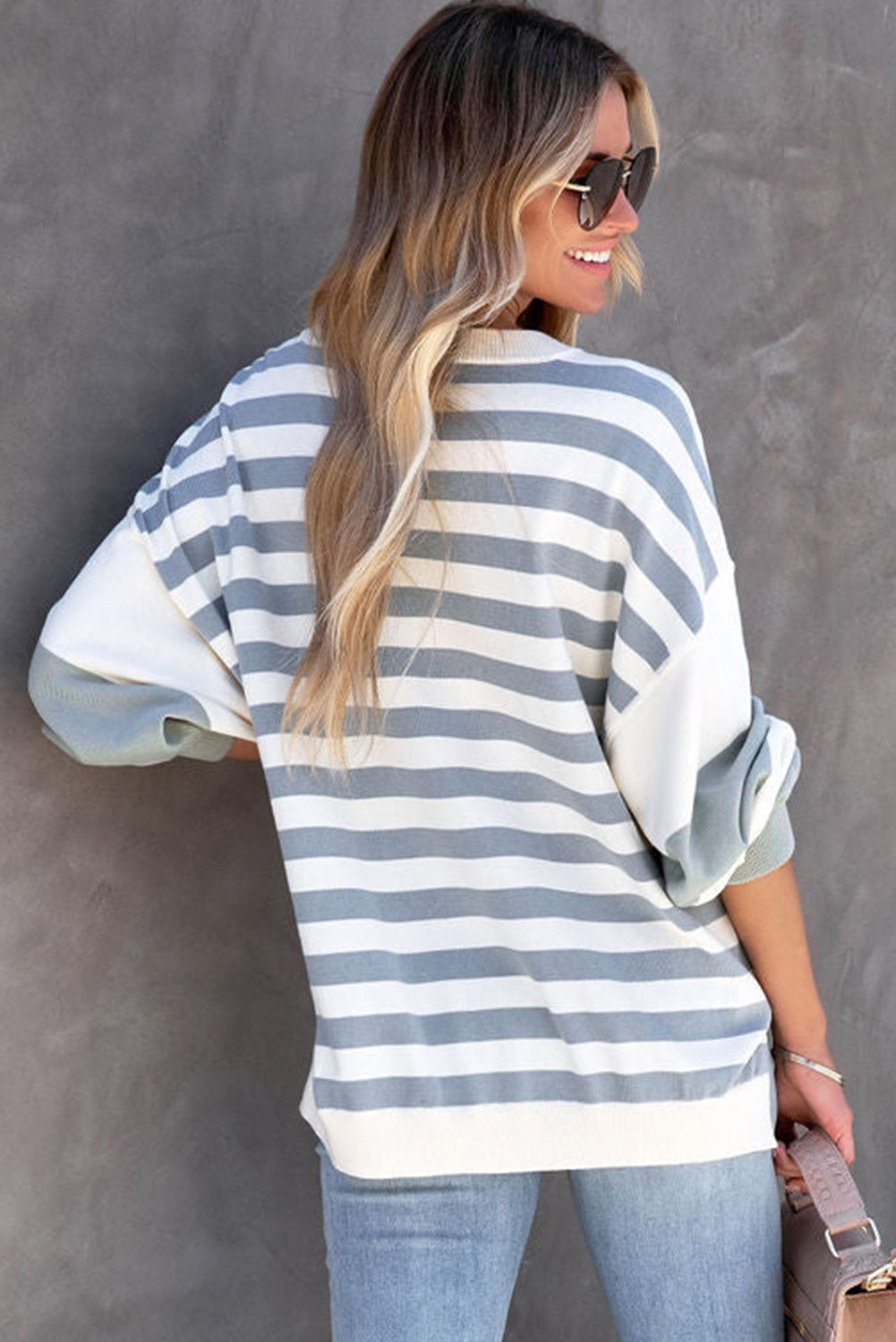 Blue Casual Striped Drop Shoulder Pullover Sweatshirt-True and Wild