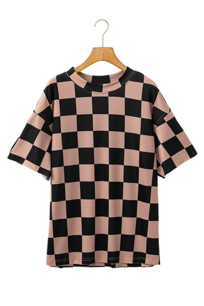 Light Beige Two Tone Checkered Crew Neck Loose T Shirt-True and Wild