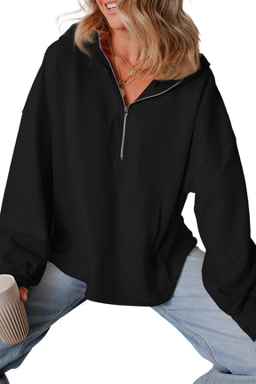 Black Half Zipper Kangaroo Pockets Drop Shoulder Hoodie-True and Wild