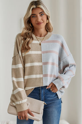 Light Beige Striped Colorblock Drop Shoulder Sweater-True and Wild