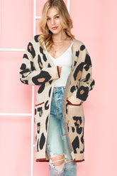 Leopard Print Open Front Pockets Midi Cardigan-True and Wild