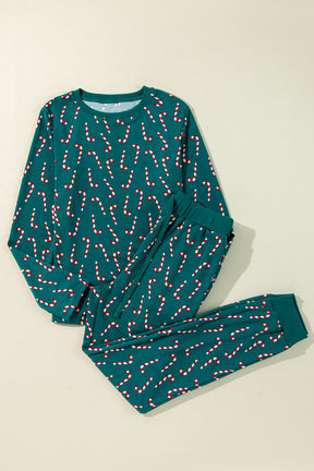 Green Christmas Candy Cane Printed Top and Pants Loungewear Set-True and Wild