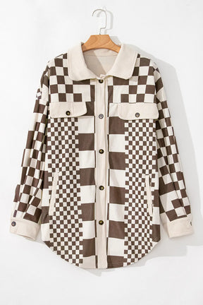 Plus Size Checkered Button Up Long Sleeve Jacket-True and Wild