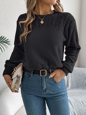 Openwork Round Neck Long Sleeve Sweater-True and Wild