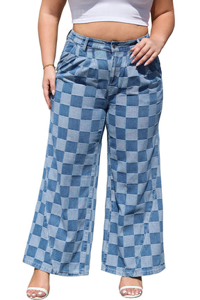 Dusk Blue Plus Size Checkered Seamed High Waist Wide Leg Jeans-True and Wild