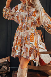 Orange Boho Floral Puff Sleeve Smocked Waist Mini Shirt Dress-True and Wild