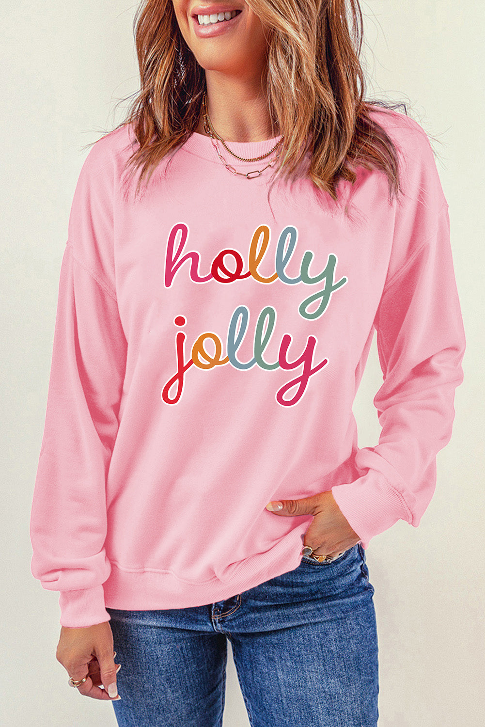 Pink holly jolly Printed Round Neck Sweatshirt-True and Wild