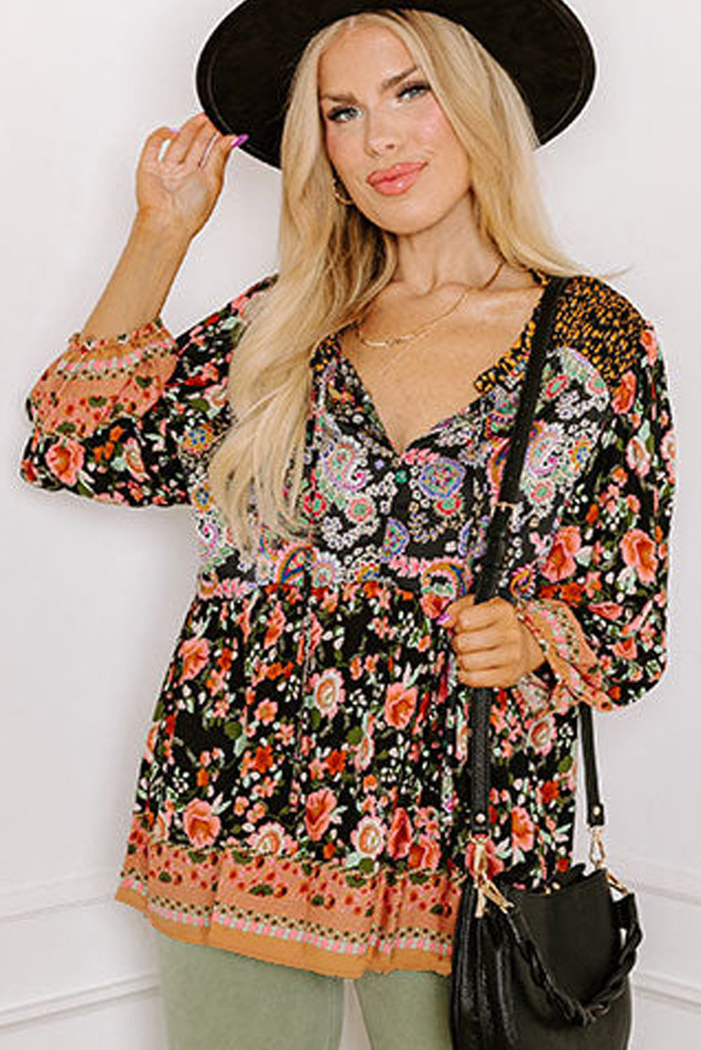 Black Plus Size Paisley Print V Neck Bubble Sleeve Blouse-True and Wild