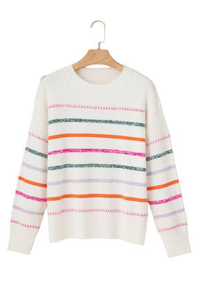 Black Colorful Striped Ribbed Trim Round Neck Sweater-True and Wild