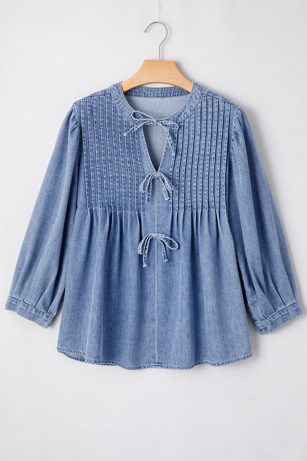 Myosotis Denim Bow Tie Pleated Puff Sleeve Top-True and Wild