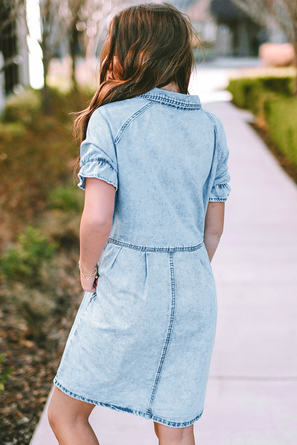 Blue Mineral Washed Ruffled Short Sleeve Pocketed Denim Dress-True and Wild