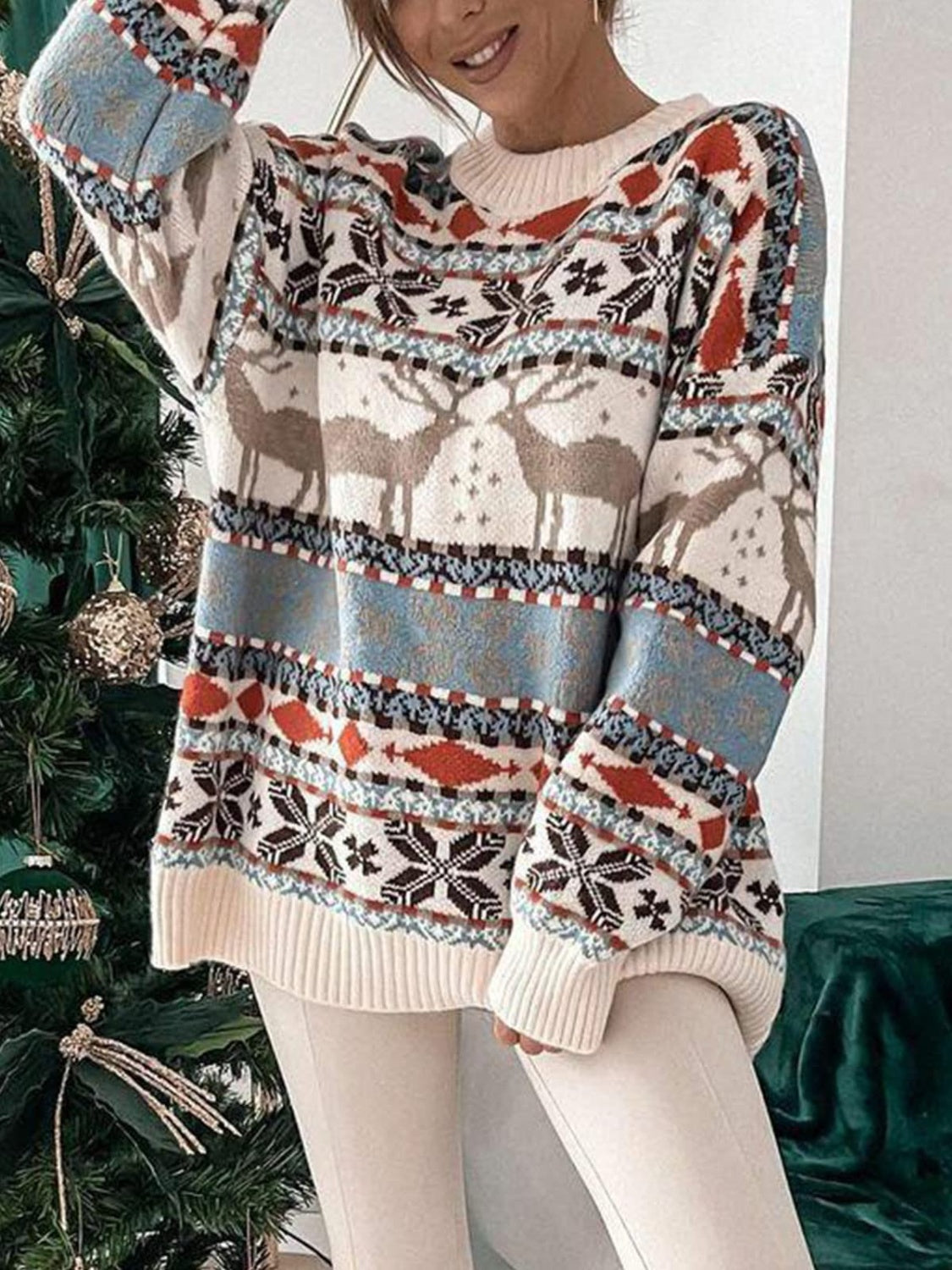 Geometric Round Neck Dropped Shoulder Sweater-True and Wild