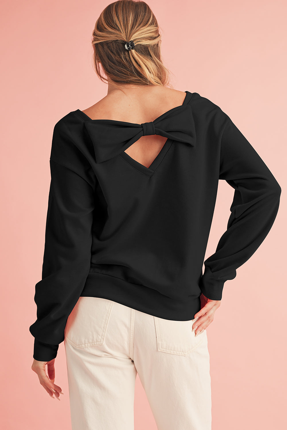 Apricot Bowknot Plain Round Neck Sweatshirt-True and Wild