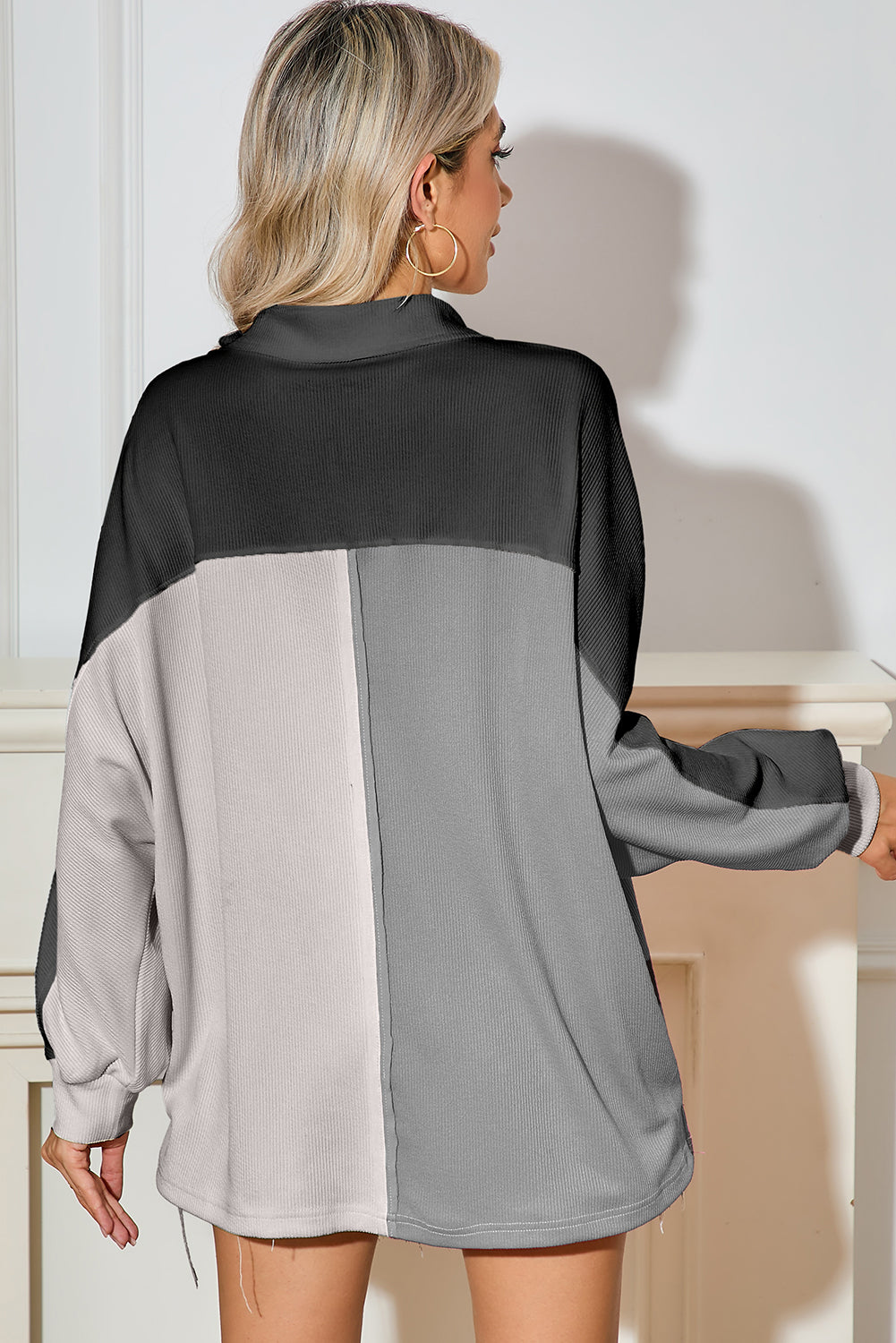 Pink Colorblock Patchwork Ribbed Oversized Sweatshirt-True and Wild