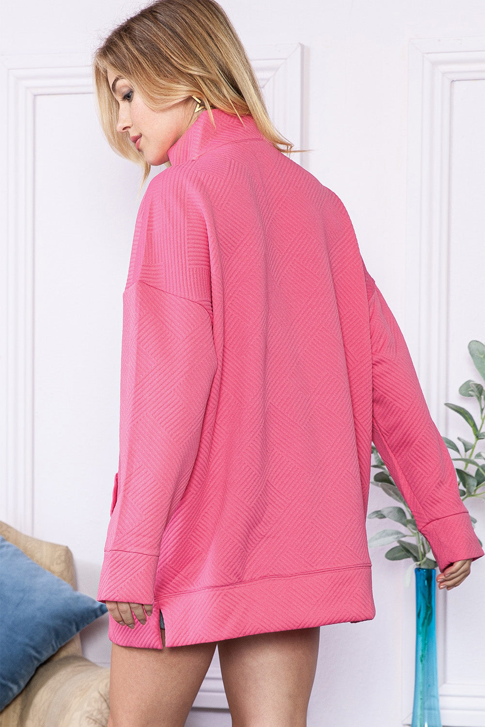 Hot Pink Casual Textured Kangaroo Pocket Sweatshirt-True and Wild