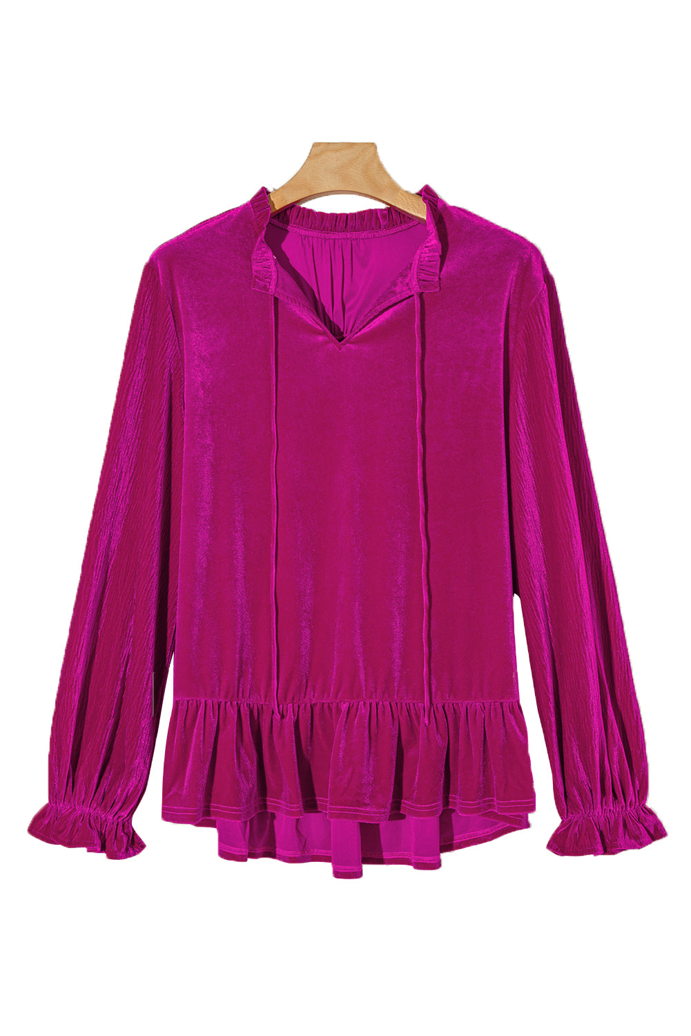 Bright Pink Plus Size Ruffled Sleeve V Neck Velvet Blouse-True and Wild