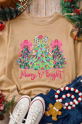 Khaki Merry & Bright Christmas Tree Print Pullover Sweatshirt-True and Wild