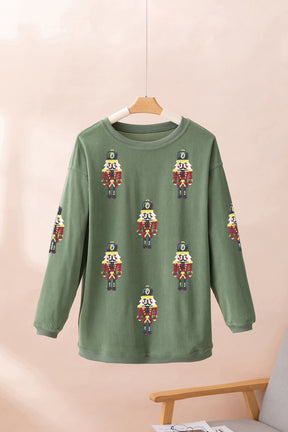 Grass Green Christmas Nutcracker Graphic Corded Pullover Sweatshirt-True and Wild