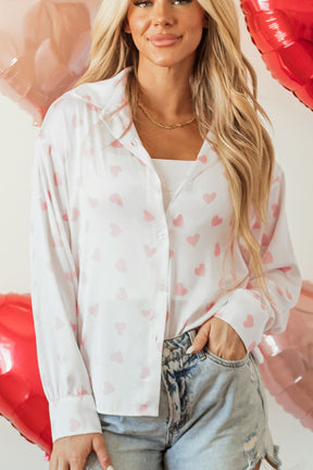 Heart Print Collared Neck Long Sleeve Shirt-True and Wild