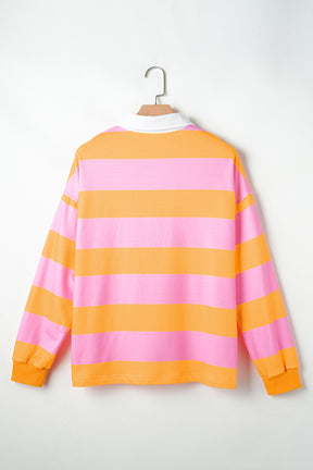 Contrast Striped Collared Neck Long Sleeve Sweatshirt-True and Wild