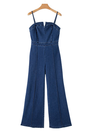 Sail Blue Seamed Zipper Spaghetti Strap High Waist Flared Jumpsuit