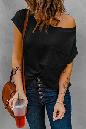 Black Short Sleeve Basic T Shirt with Patch Pocket-True and Wild