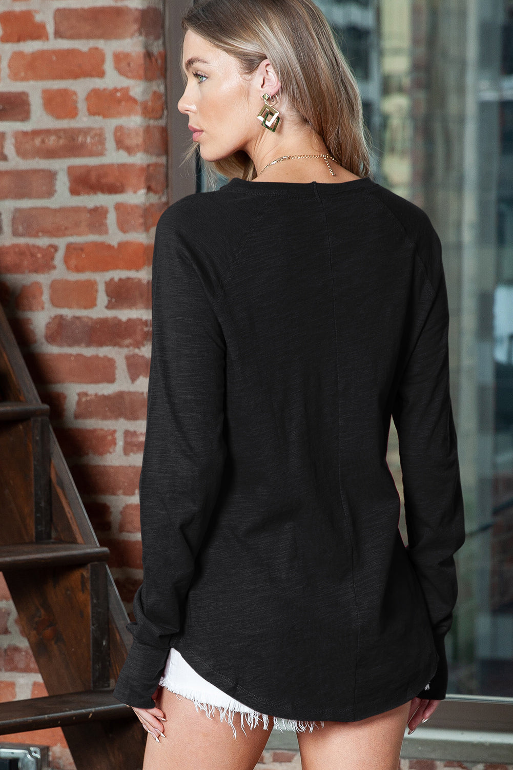 Green Plain Solid Casual Thumbhole Long Sleeve Top-True and Wild