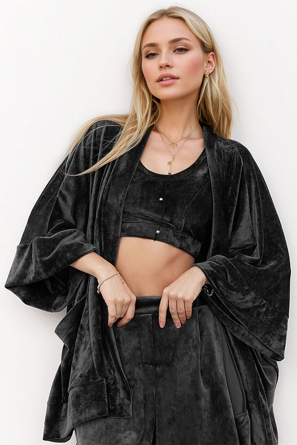 Basic Bae Buttery-Soft Bra, Open Front Cardigan and Shorts Set-True and Wild