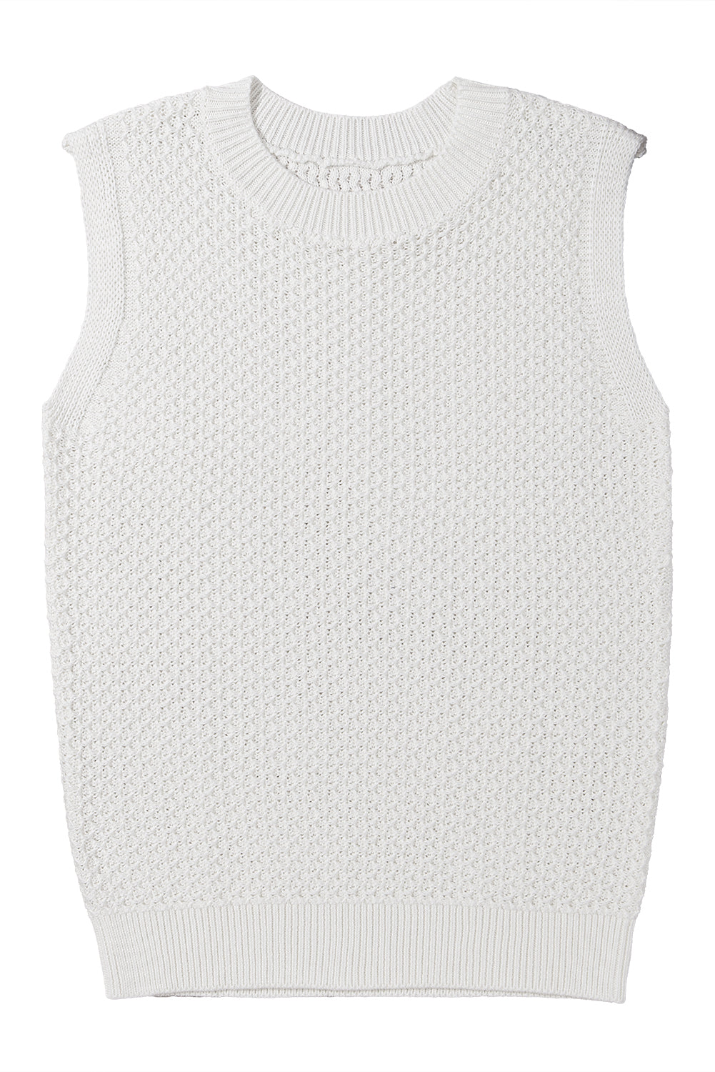 White Solid Color Eyelet Knit Crew Neck Vest