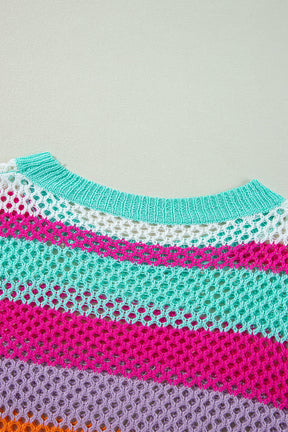 Rose Red Colorblock Striped Hollow Knitted Top-True and Wild