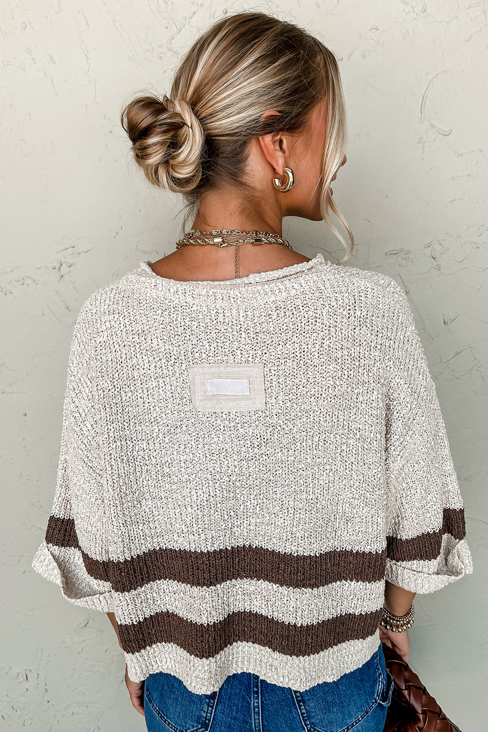 Brown Stripe Cropped Drop Sleeve Sweater-True and Wild