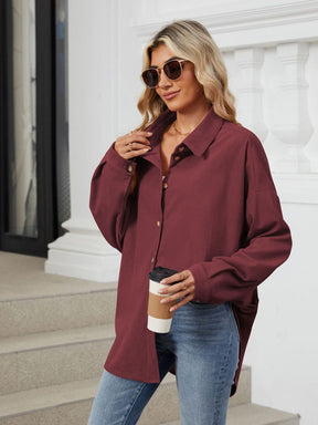 Collared Neck Long Sleeve Dropped Shoulder Shirt-True and Wild