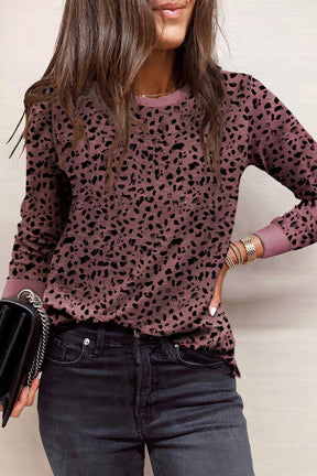 Red Animal Spotted Print Round Neck Long Sleeve Top-True and Wild