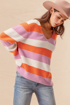 Orange Casual Stripe V Neck Side Slit Sweater-True and Wild