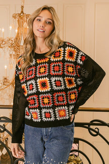 BiBi Granny Square Front Long Sleeve Top-True and Wild