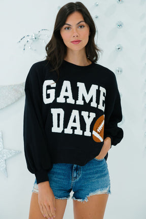 Black GAME DAY Graphic Varsity Pullover Sweatshirt-True and Wild