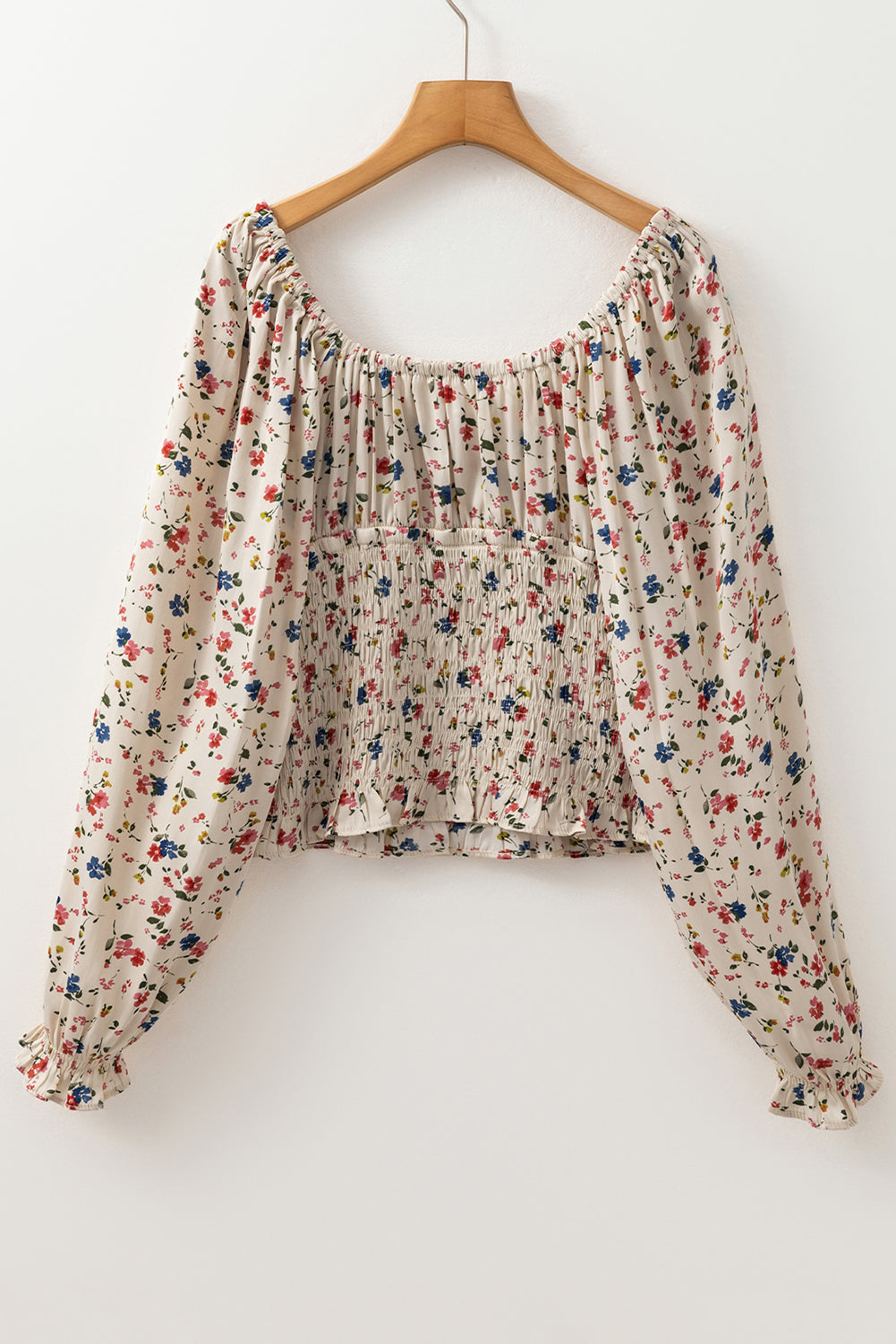 Beige Boho Floral Print Smocked V Neck Peplum Blouse-True and Wild