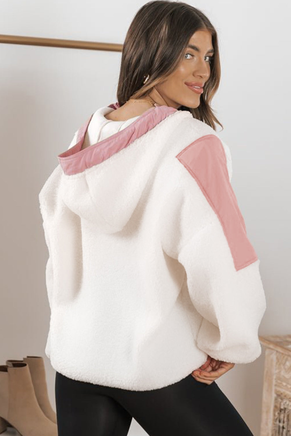 Pink Patchwork Half Zip Oversized Sherpa Hoodie-True and Wild