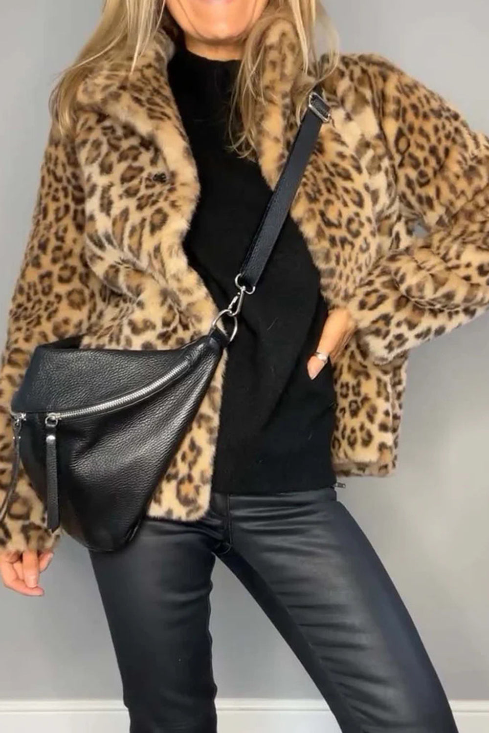 Full Size Leopard Furry Collared Neck Long Sleeve Coat-True and Wild