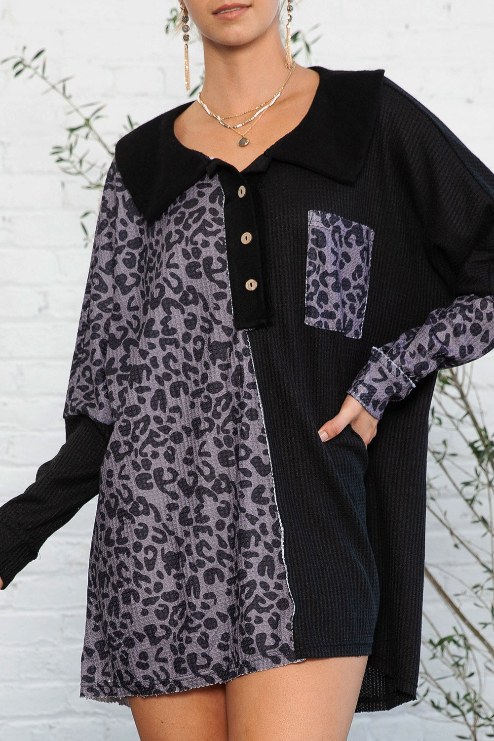 Black Waffle Knit and Leopard Print Color Block Oversized Henley Shirt-True and Wild