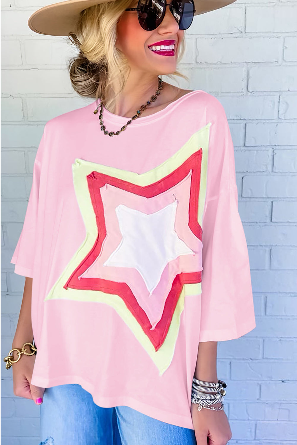 Moonlight Jade Colorblock Star Patched Half Sleeve Oversized Tee-True and Wild