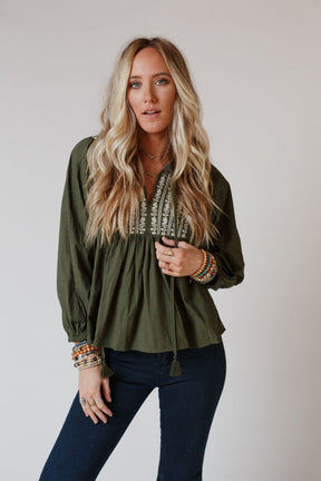 Green Embroidered Split Neck Pleated Loose Blouse-True and Wild