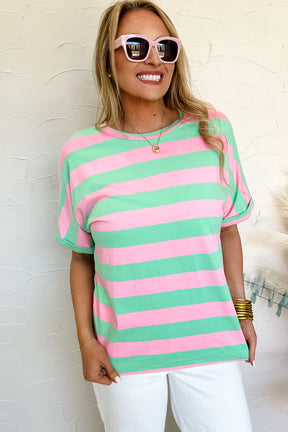 Pink Stripe Colorblock Cuffed Sleeve Loose Tee-True and Wild